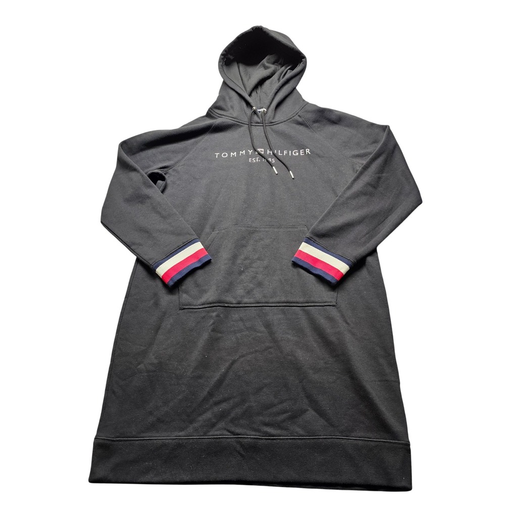 Tommy Hilfiger Hoodie Dress Womens Black Logo Striped Cuff J1GD0550 Athleisure